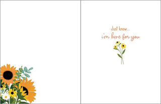 Greeting card: Thinking of You Sunflower Vase with yellow sunflowers and orange script on white panels