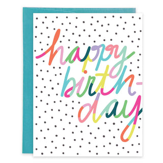Birthday greeting card with white polka-dot front, rainbow script Happy Birthday, teal envelope