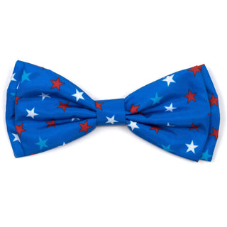 Bow tie in patriotic blue with white and red stars pattern.