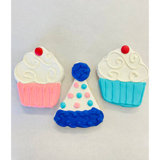Happy Birthday Fido! Dapper dog cookies, 3 decorated treats: two cupcakes (pink and blue) and a blue party-hat cookie.