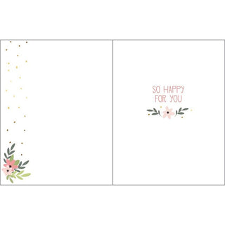 Wedding greeting card with envelope, two-panel; left floral corner with gold specks, right reads So Happy For You.