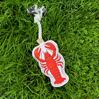 Rope lobster dog toy with white fabric panel and red lobster print, attached to knotted beige rope with a small tag.