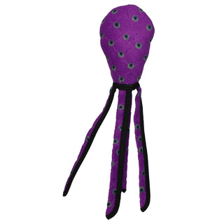 Purple squid-shaped plush dog toy with black rope tentacles