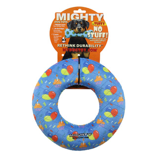 Mighty Ring dog toy, blue celebration print, squeaky and no stuffing