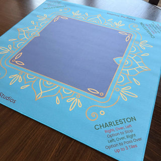 Midnight Luxe Mahjong Mat, blue surface with gold decorative border, ships rolled, 33 x 33
