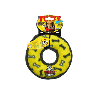 Jr Ring dog toy, yellow bone pattern, durable squeaky ring for dogs
