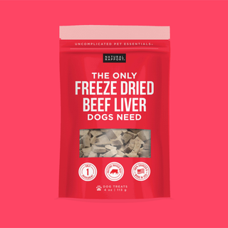 The Only Freeze Dried Beef Liver Dogs Need Dapper dog treats in a red pouch with a clear window showing chunks