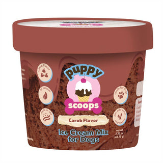 Puppy Scoops ice cream mix for dogs in a brown tub with carob flavor.