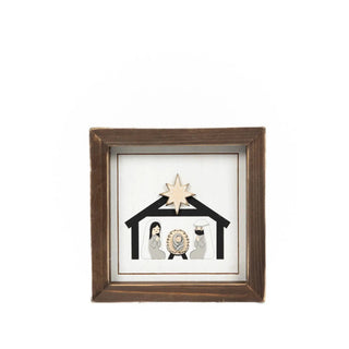 Wood frame sign 5x5 featuring a nativity scene with a star accent