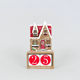 5x8 wood Christmas countdown house with gingerbread design, red roof panels, white icing trim, and 25 on the cubes.