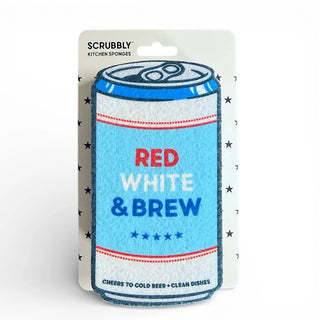 Beer Scrubbly kitchen sponge in patriotic blue with Red White & Brew design, by Wine Wash Co.