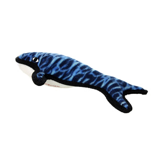 Tuffy Ocean Whale dog toy, blue plush squeaky toy with black trim