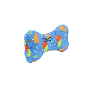 Blue bone-shaped squeaky dog toy with bright tropical prints, no stuffing