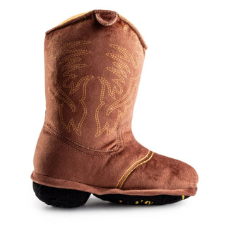 Brown fabric cowboy boot dog toy with yellow stitching and a squeaker