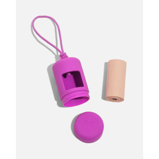 Poop bag dispenser, purple silicone with lanyard, peach bag refill and cap; 3-piece pet waste carrier