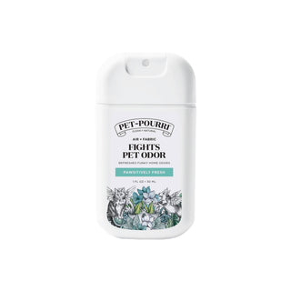 Pet Odor Freshener bottle, white plastic with label reading FIGHTS PET ODOR and floral animal illustration, 1 oz.