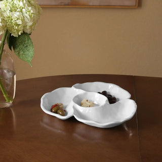 White Havana triple-dip serving dish with three compartments and scalloped edges