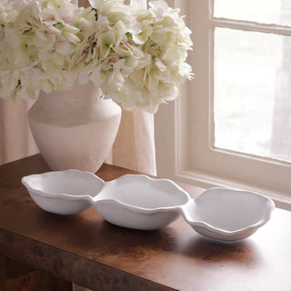 VIDA Nube Triple Dip white ceramic dish with three petal-shaped compartments