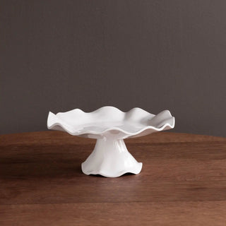 Vida Havana small pedestal cake plate, white ceramic with a ruffled edge.