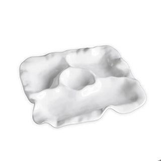 White shell-shaped ceramic chip and dip platter with a central dip well
