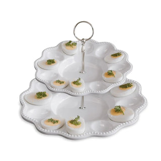 Two-tier egg server, white porcelain with beaded edge and central metal ring handle