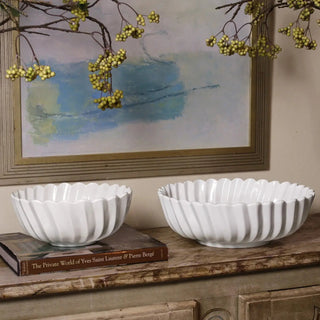 Two white Vienna large bowls with scalloped edges.
