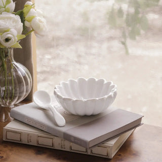 Vienna mini white porcelain bowl with scalloped edge and spoon