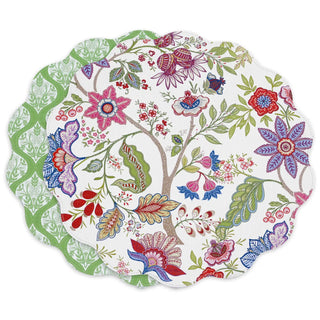 Placemats: reversible round set of 4 with floral periwinkle and peach design, green patterned back.