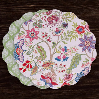 Placemat set of 4, round, floral reversible design in periwinkle and peach with green reverse