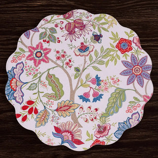 Round placemats set of 4, reversible Blooms & Branches pattern in periwinkle and peach