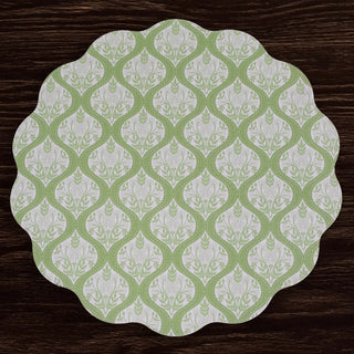 Round placemat with green and white floral lattice pattern, scalloped edge, reversible.