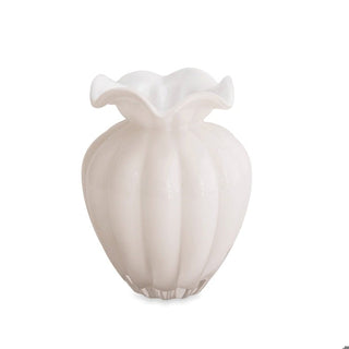 Glass Vento Large Vase in cream with ribbed body and ruffled top edge
