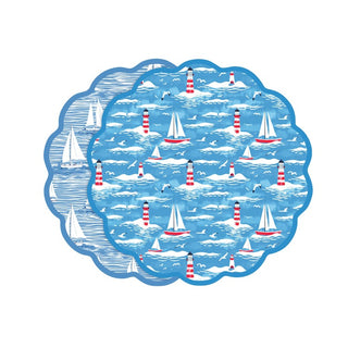 PLACEMATS, round sailboats and lighthouses pattern, reversible set of 4 in blue and red