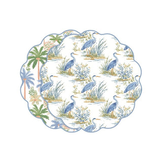 Placemat set of 4, blue and green reversible placemats featuring herons and palm trees with scalloped edges