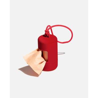 Red poop bag carrier dispenser for pets and dogs with attached loop cord