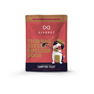 GivePet Campfire Feast dog treats bag, salmon flavor, red/navy packaging with cartoon dog illustration