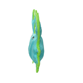 DuraForce Crab Tiger dog toy in blue and green with two lime-green appendages, durable squeaky fabric.