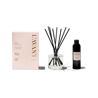 3-piece reed diffuser set: Blushed Bergamot; pink box, glass diffuser with black reeds, and fragrance oil bottle