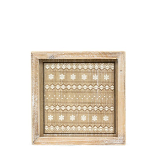 Wood frame sign 7x7 in with a distressed natural wood finish and geometric snowflake pattern