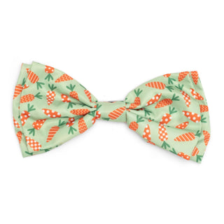 Crazy Carrots dog bow tie in mint green fabric with orange carrot pattern