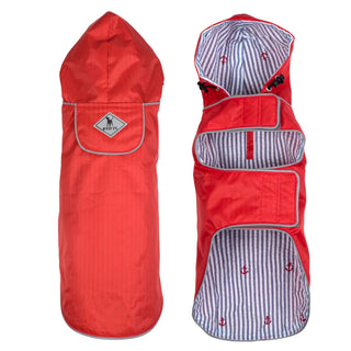Seattle Slicker Jacket for dogs, red outer shell with striped navy interior and hood.