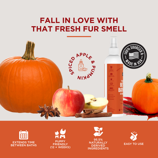 Dog bath spray Apple & Pumpkin, orange bottle shown with pumpkins and apples
