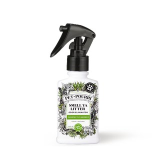 Litter odor eliminator spray bottle, white with green bamboo label, 3.4 oz, pet-safe.
