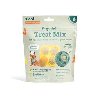Pupsicle Treat Mix Bacon & Cheese recipe bag with yellow round molds and teal freezer mold