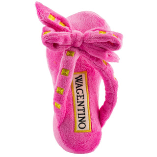 Wagentino Sandal squeaker plush dog toy in bright pink with yellow square details