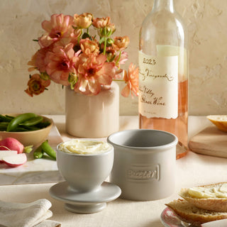 Two-piece butter crock set in cafe matte stone gray with butter-filled pedestal cup