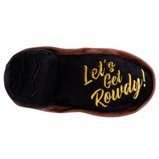 Dog toy brown western cowboy boot in black plush with gold embroidered script and brown piping details