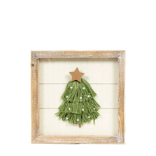 Wood frame sign 7x7 inches featuring a green yarn tassel Christmas tree with a star topper and white beads