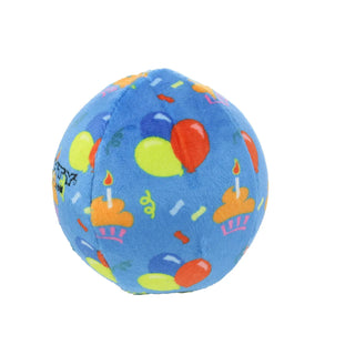 Mighty Ball-Medium Celebration squeaky dog toy, blue with colorful confetti pattern, no stuffing
