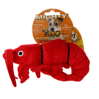 Ocean prawn plush squeaky dog toy, red with a multi-segmented body.